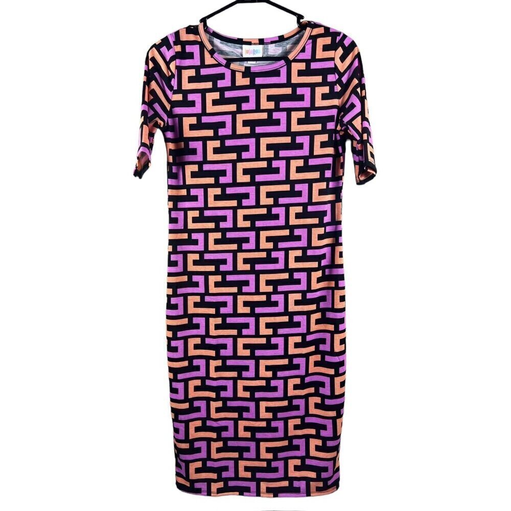 LulaRoe Julia Women's Black Orange & Pink Tetris Dress